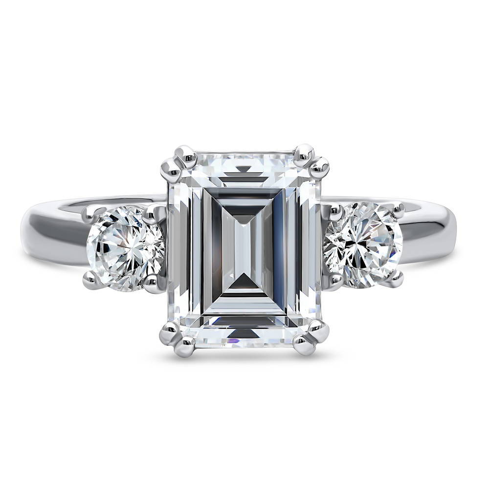 3-Stone Emerald Cut CZ Ring in Sterling Silver, 1 of 14