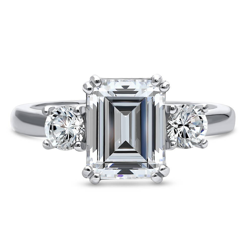 3-Stone 2.6ct Emerald Cut CZ Ring in Sterling Silver, 1 of 14