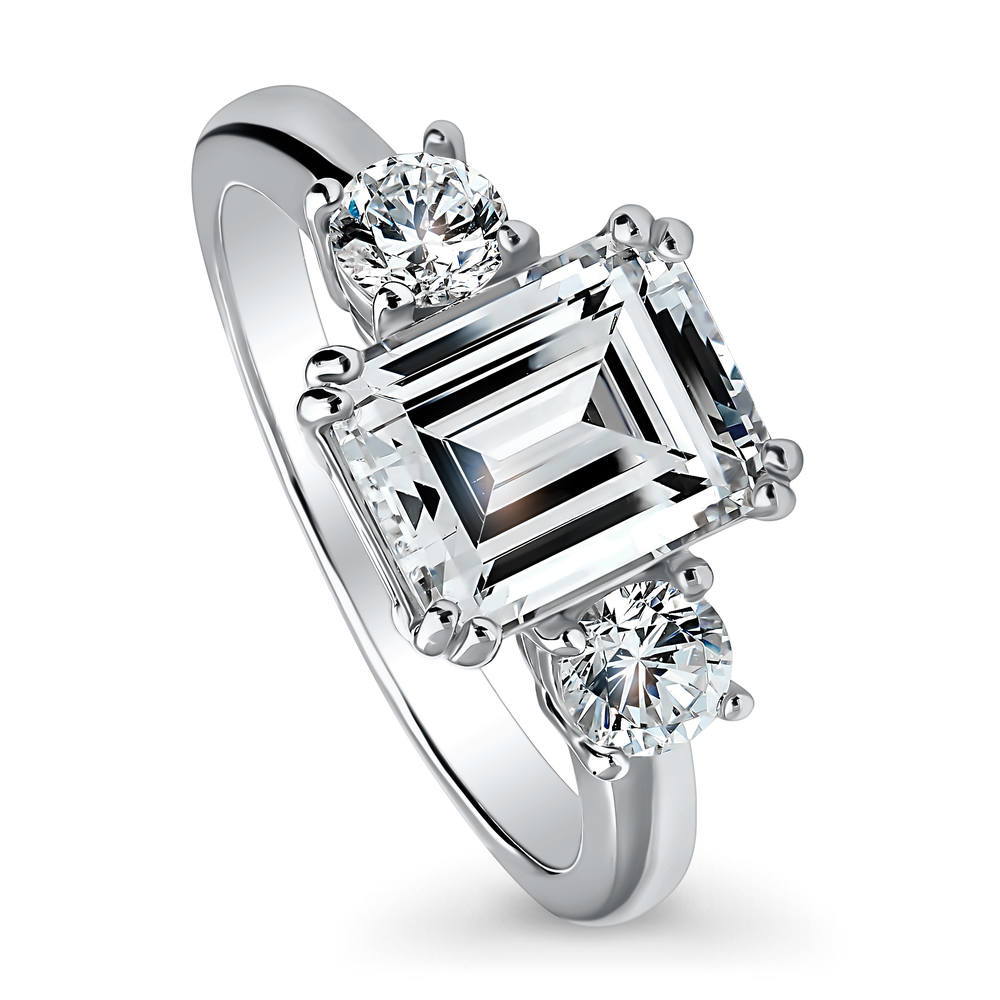 Front view of 3-Stone Emerald Cut CZ Ring in Sterling Silver, 3 of 12