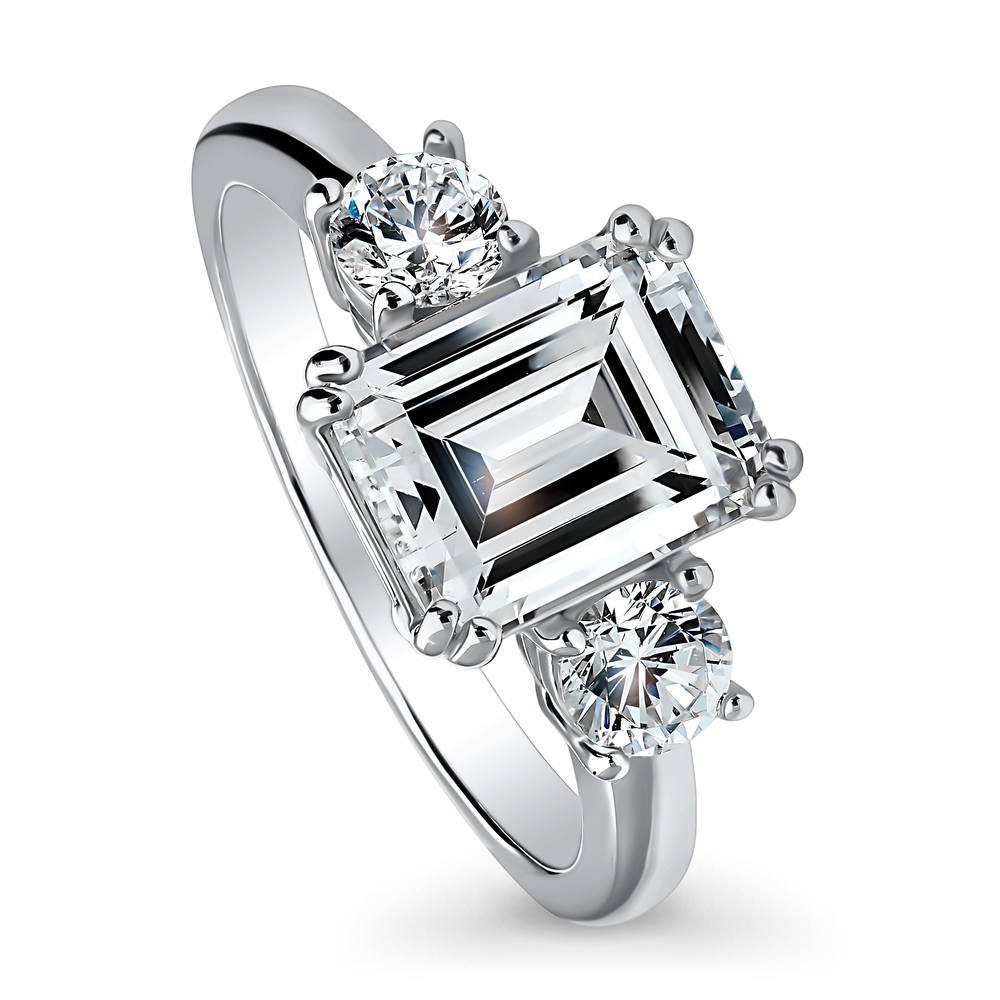 Front view of 3-Stone 2.6ct Emerald Cut CZ Ring in Sterling Silver, 4 of 14