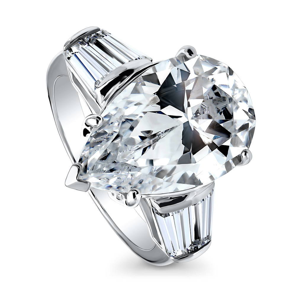 Front view of 3-Stone Pear CZ Statement Ring in Sterling Silver, 3 of 8