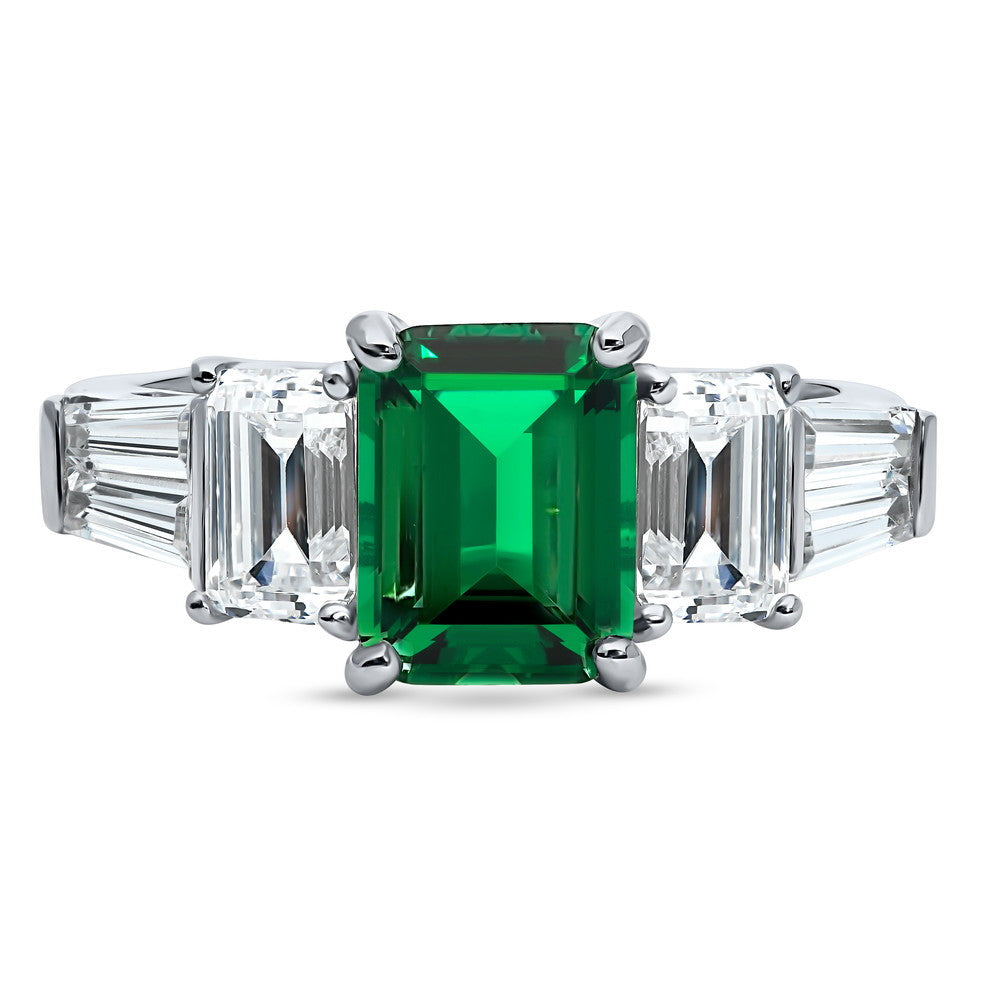 3-Stone Emerald-Green Emerald Cut CZ Ring in Sterling Silver, 1 of 8