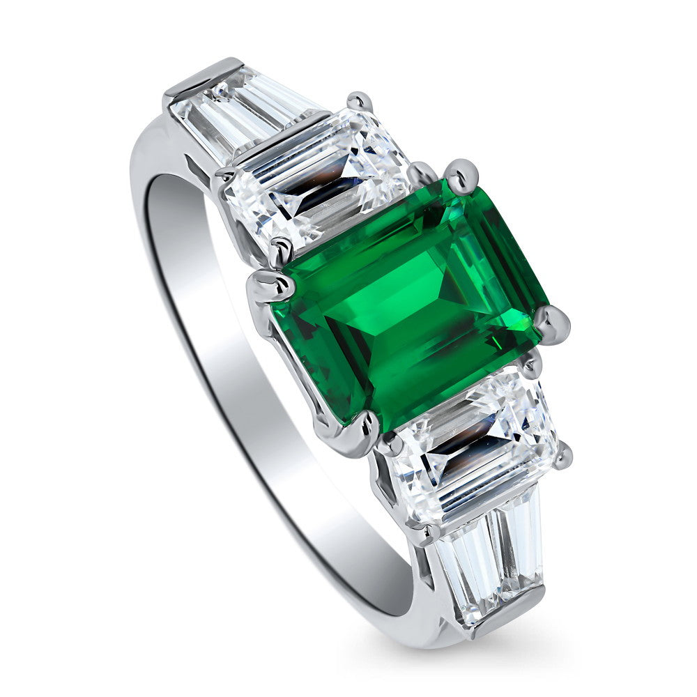 Front view of 3-Stone Emerald-Green Emerald Cut CZ Ring in Sterling Silver, 3 of 8