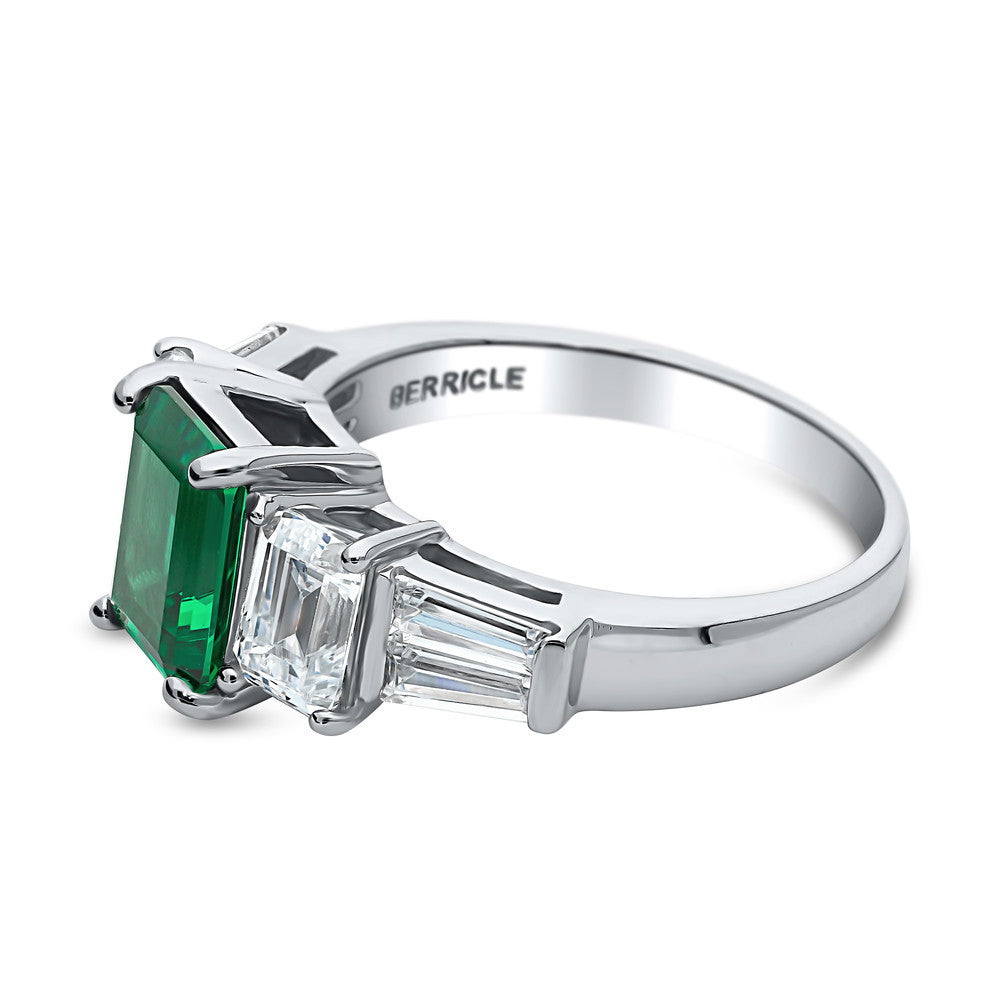 Angle view of 3-Stone Emerald-Green Emerald Cut CZ Ring in Sterling Silver, 5 of 8