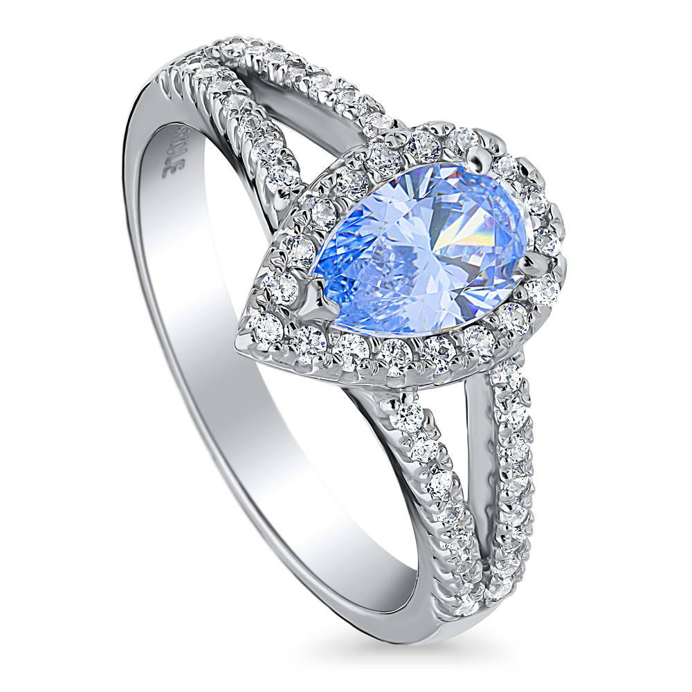 Front view of Halo Blue Pear CZ Split Shank Ring in Sterling Silver, 4 of 10