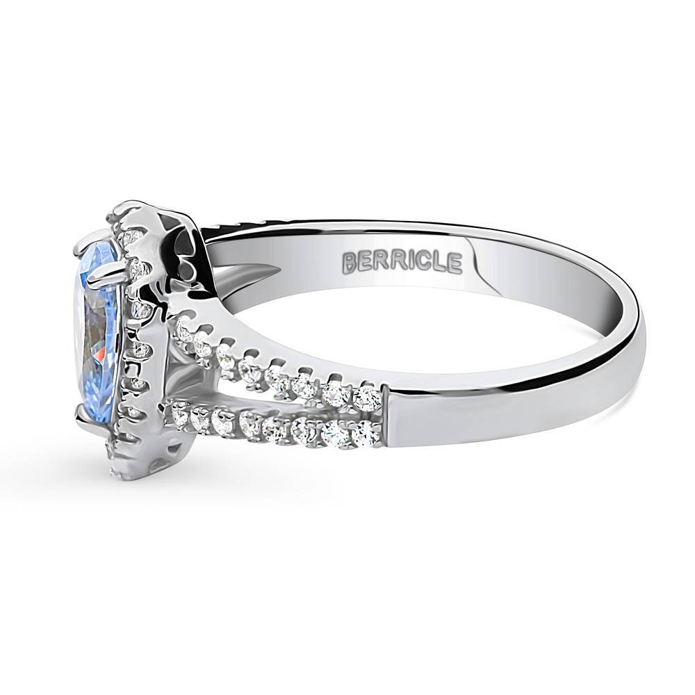 Angle view of Halo Blue Pear CZ Split Shank Ring in Sterling Silver, 5 of 9