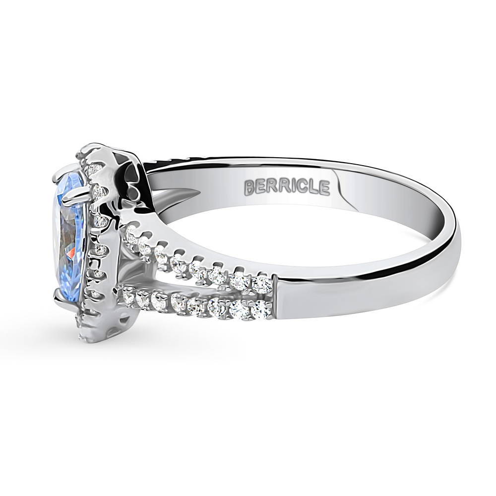 Angle view of Halo Blue Pear CZ Split Shank Ring in Sterling Silver, 5 of 10