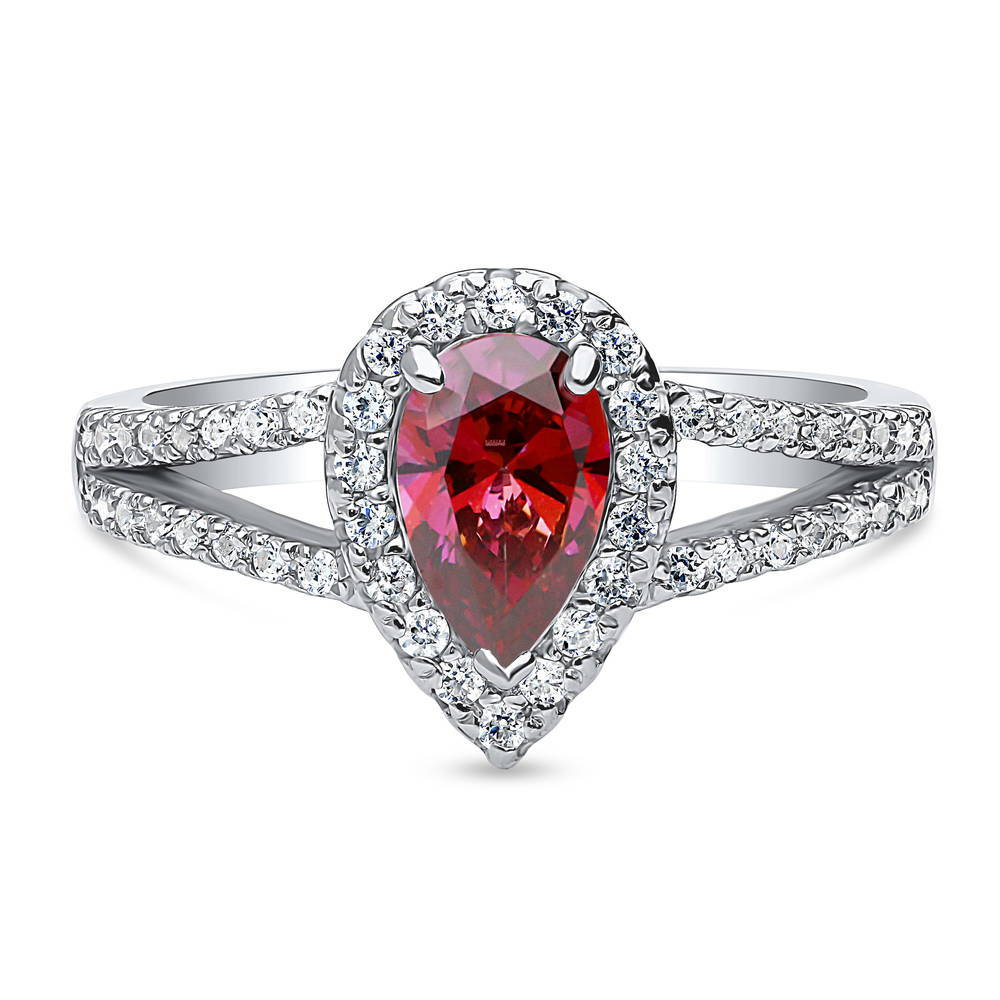Halo Red Pear CZ Split Shank Ring in Sterling Silver, 1 of 9