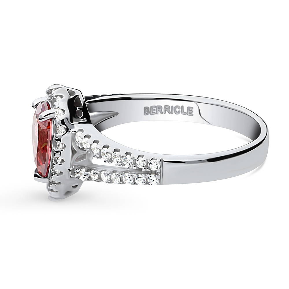 Angle view of Halo Red Pear CZ Split Shank Ring in Sterling Silver, 5 of 9