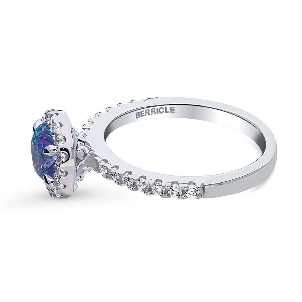 Angle view of Halo Kaleidoscope Purple Aqua CZ Ring in Sterling Silver, 5 of 9