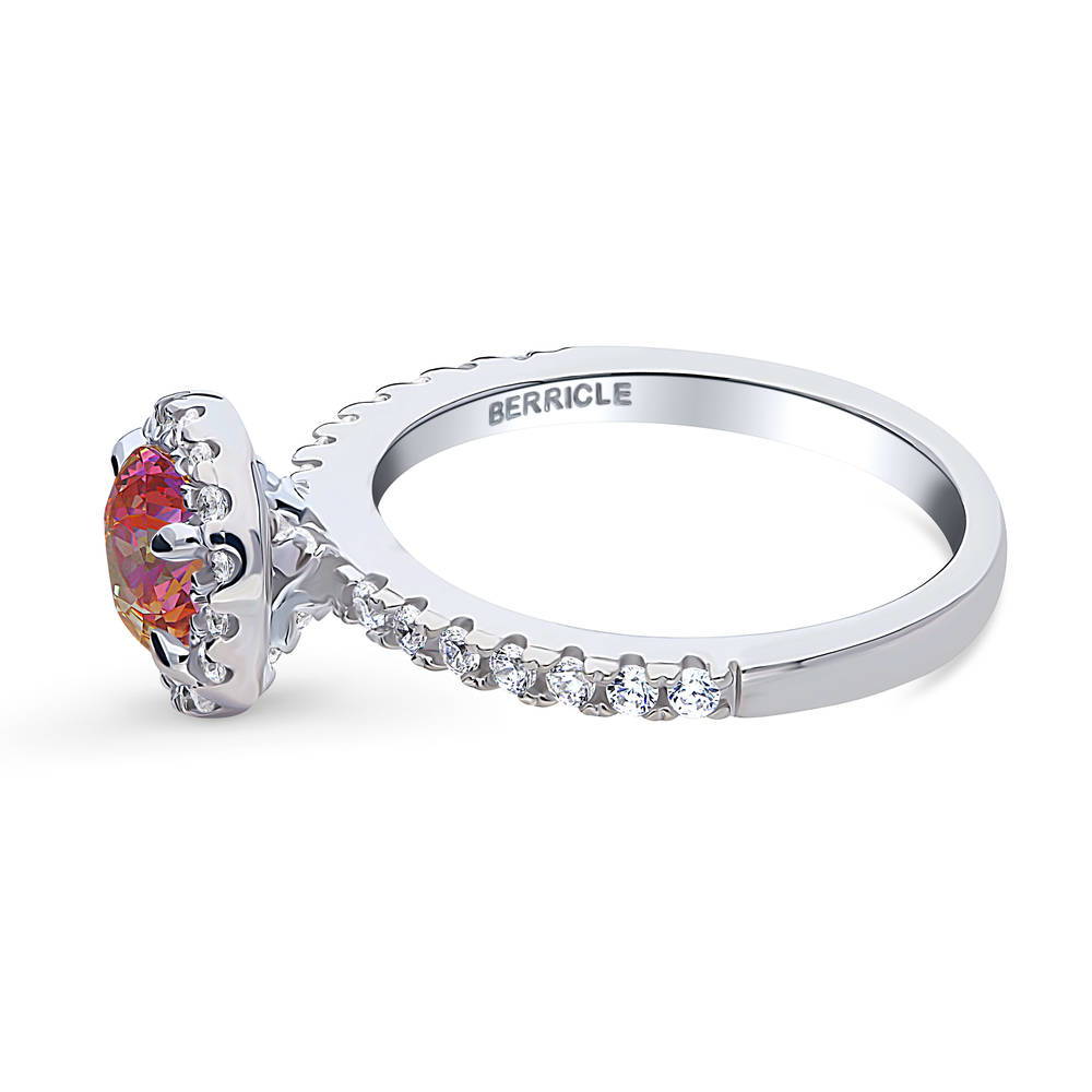 Angle view of Halo Kaleidoscope Red Orange CZ Ring in Sterling Silver, 5 of 9