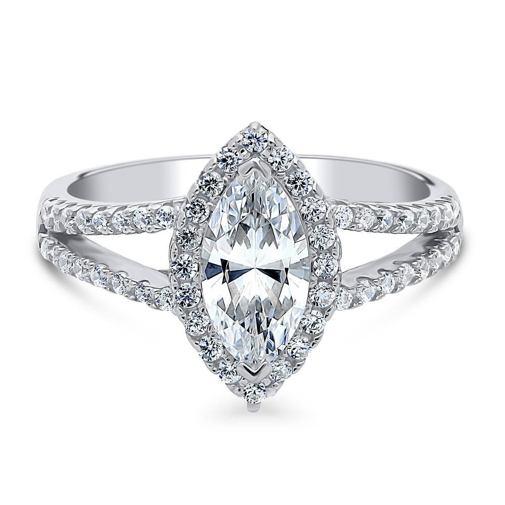 Halo Marquise CZ Split Shank Ring in Sterling Silver, 1 of 6