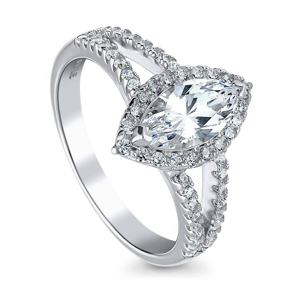 Front view of Halo Marquise CZ Split Shank Ring in Sterling Silver, 3 of 6