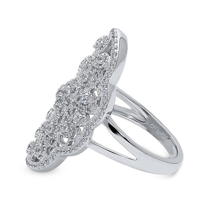 Flower Navette Art Deco Filigree CZ Ring in Sterling Silver