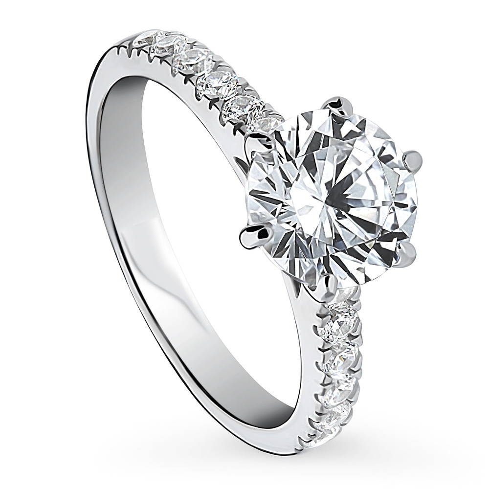Front view of Solitaire 2ct Round CZ Ring in Sterling Silver, 3 of 9