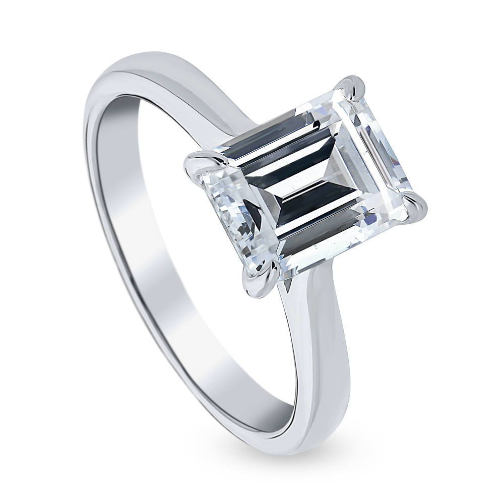 Front view of Solitaire 2.6ct Emerald Cut CZ Ring in Sterling Silver, 4 of 8