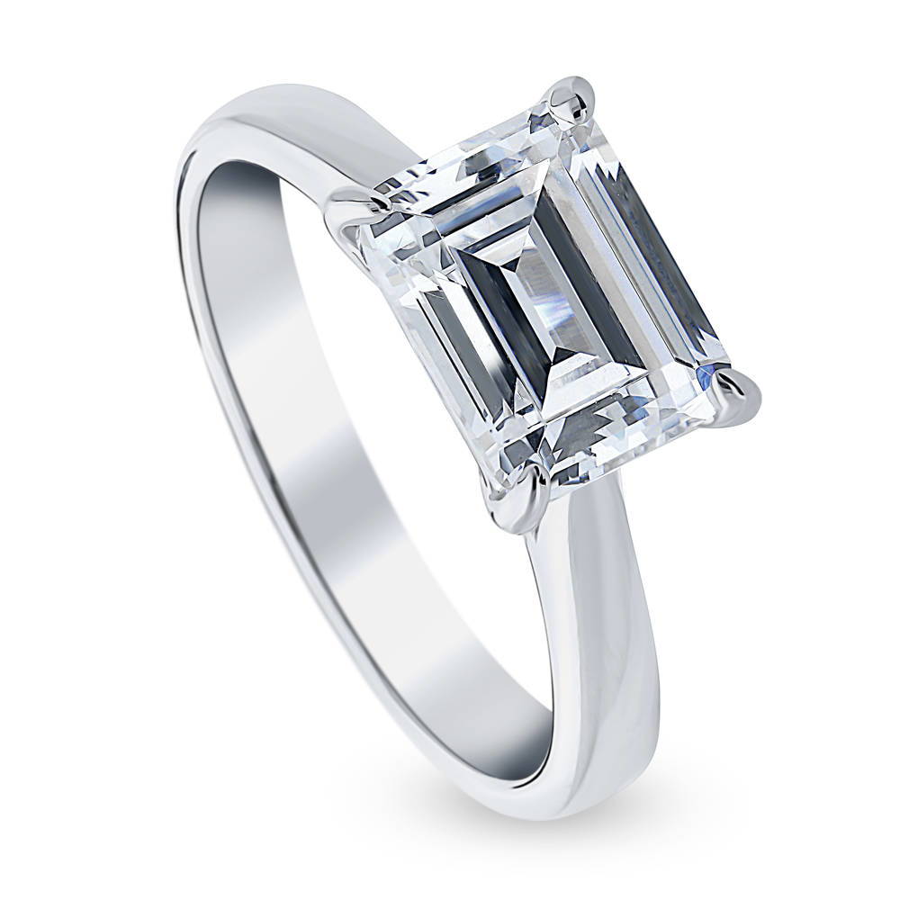 Front view of Solitaire East-West 2.6ct Emerald Cut CZ Ring in Sterling Silver, 3 of 8