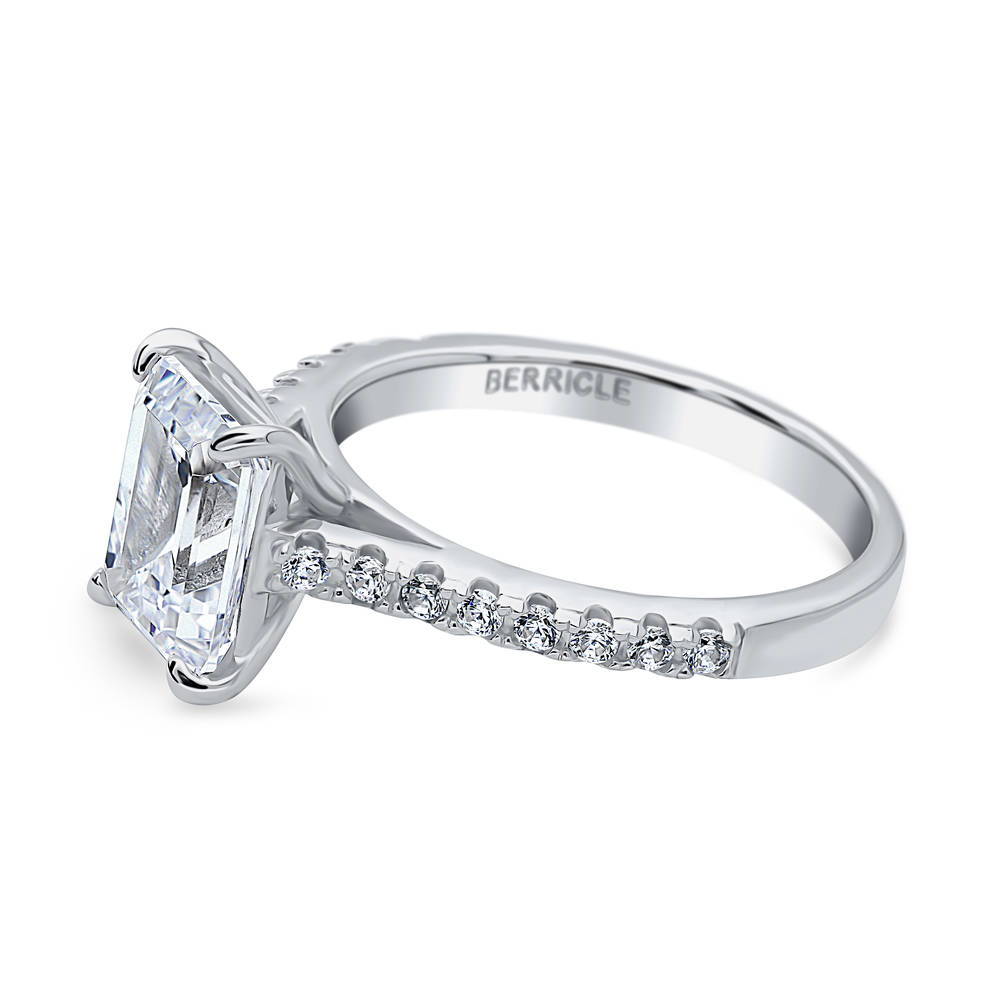 Angle view of Solitaire 2.6ct Emerald Cut CZ Ring in Sterling Silver, 5 of 9