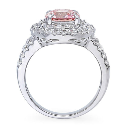 Halo Morganite-Pink CZ Split Shank Ring in Sterling Silver