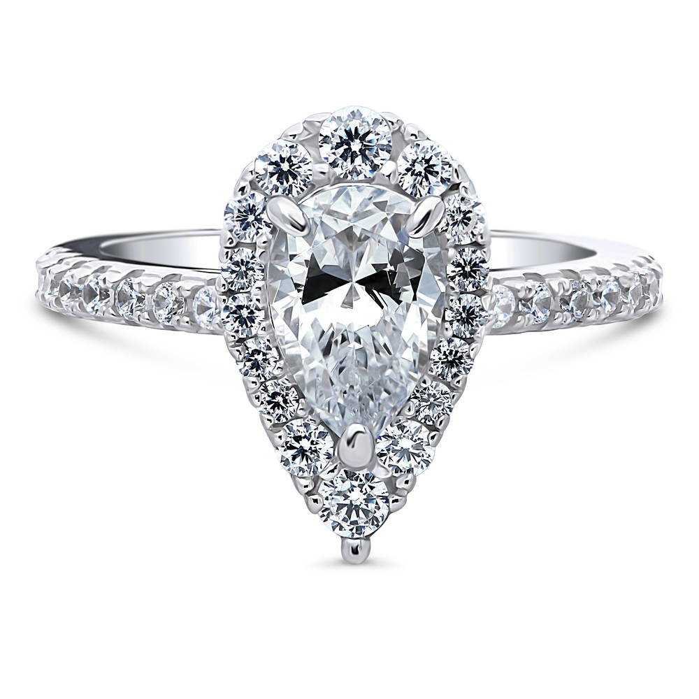 Halo Pear Cut CZ Ring in Sterling Silver