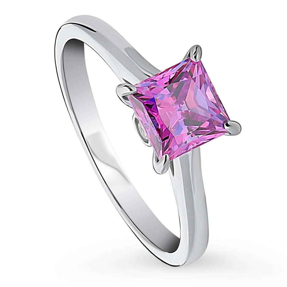 Front view of Solitaire 1.2ct Purple Princess CZ Ring in Sterling Silver, 4 of 9