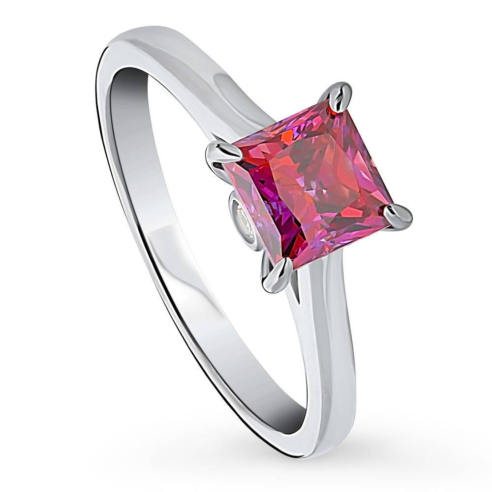 Front view of Solitaire 1.2ct Red Princess CZ Ring in Sterling Silver, 4 of 13