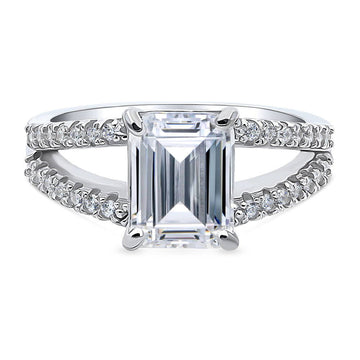 Solitaire 2.6ct Emerald Cut CZ Split Shank Ring in Sterling Silver