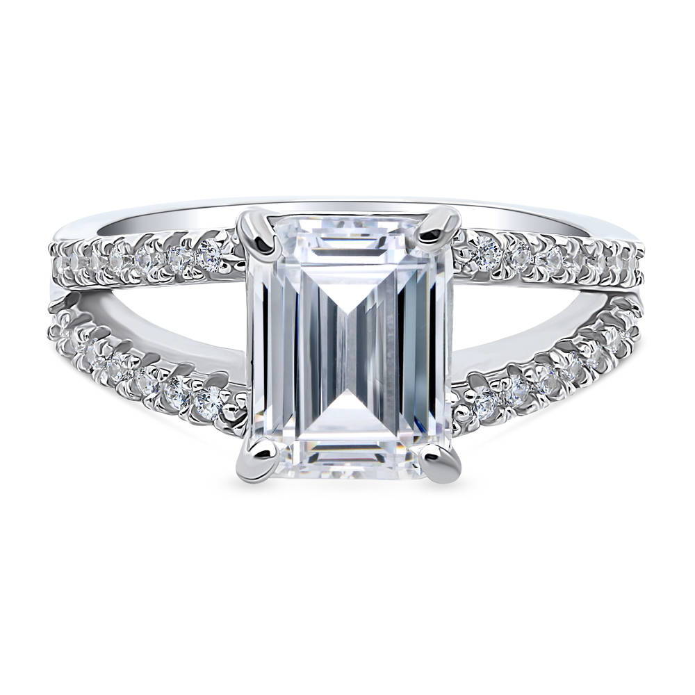 Solitaire 2.6ct Emerald Cut CZ Split Shank Ring in Sterling Silver, 1 of 9