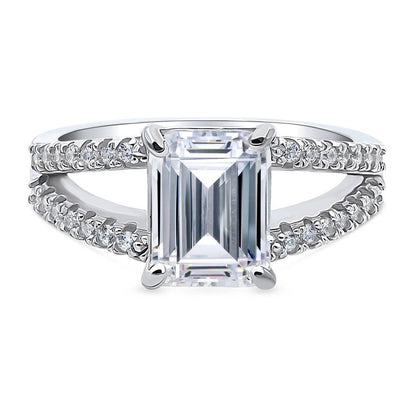 Solitaire Emerald Cut CZ Split Shank Ring in Sterling Silver