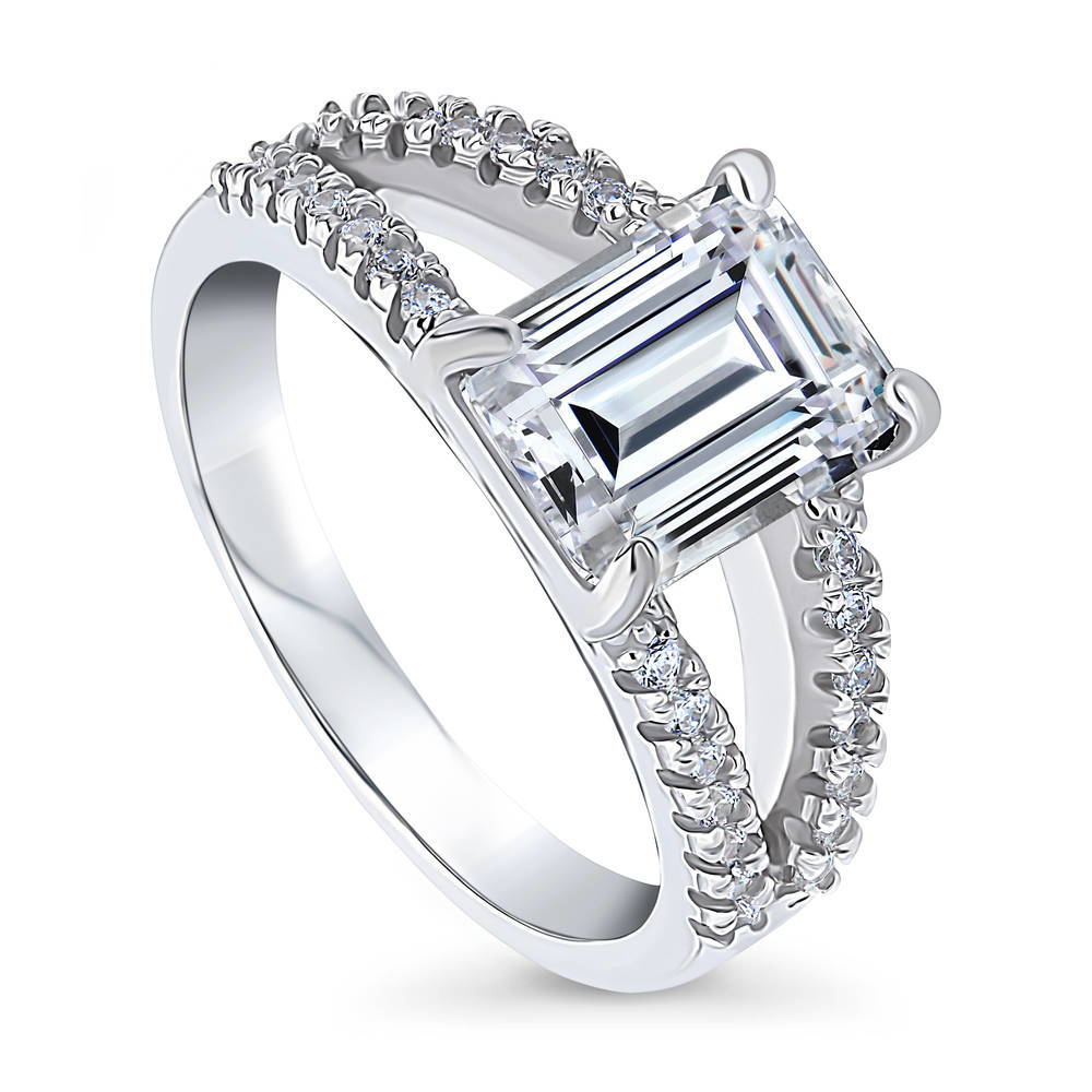 Front view of Solitaire 2.6ct Emerald Cut CZ Split Shank Ring in Sterling Silver, 4 of 9