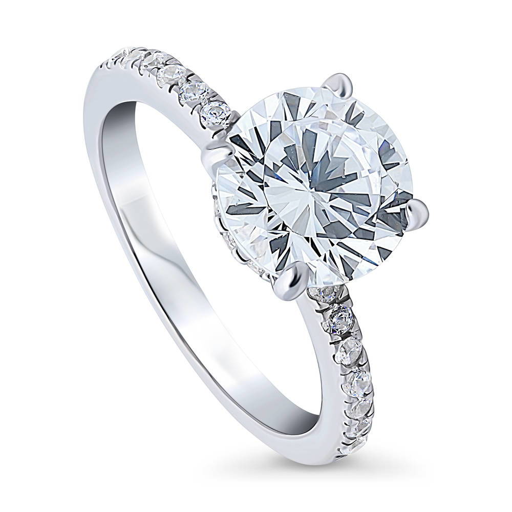 Front view of Solitaire Hidden Halo 2.7ct Round CZ Ring in Sterling Silver, 4 of 8