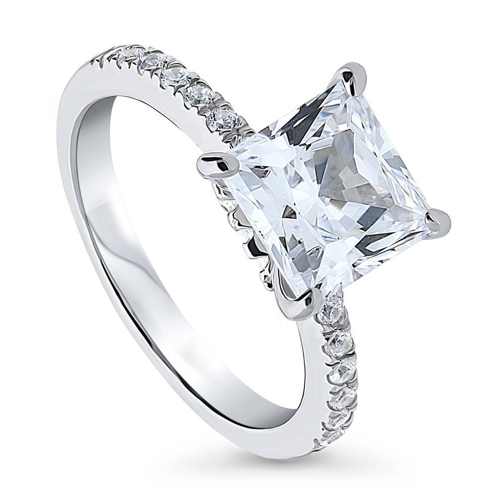 Front view of Solitaire Hidden Halo 3ct Princess CZ Ring in Sterling Silver, 3 of 8