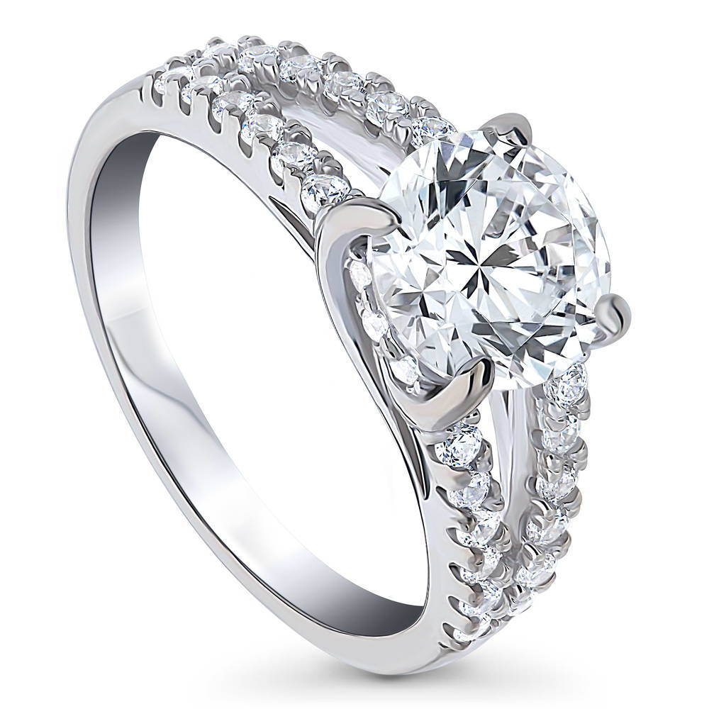 Front view of Solitaire 2ct CZ Split Shank Ring in Sterling Silver, 4 of 8