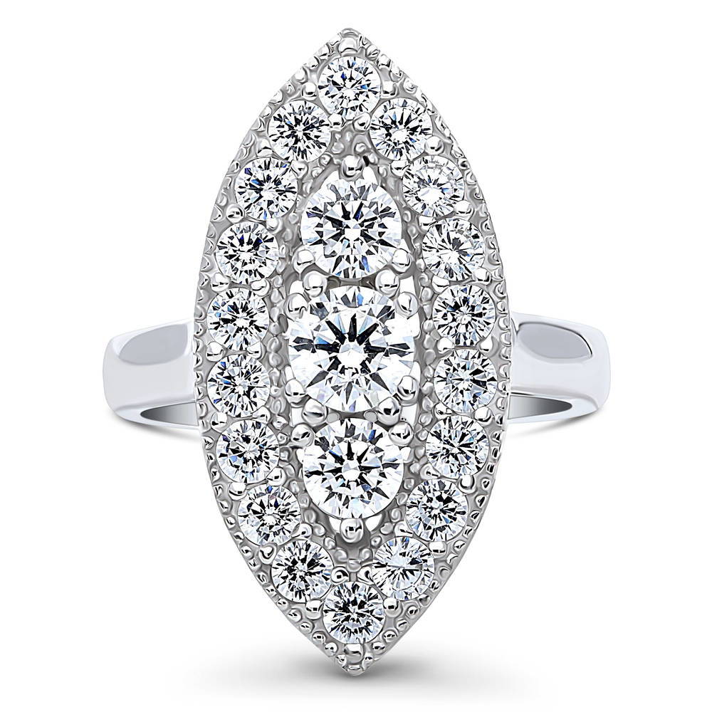 3-Stone Navette Round CZ Statement Ring in Sterling Silver, 1 of 8