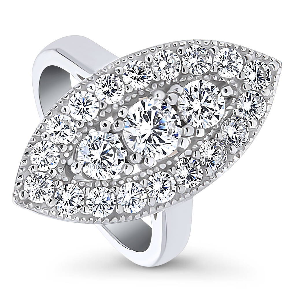 Front view of 3-Stone Navette Milgrain Art Deco CZ Ring in Sterling Silver, 4 of 8