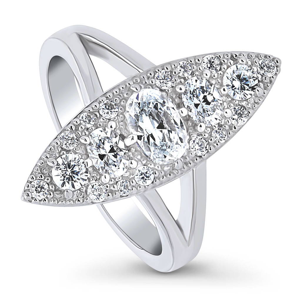 Front view of 5-Stone Navette Art Deco CZ Split Shank Ring in Sterling Silver, 4 of 8