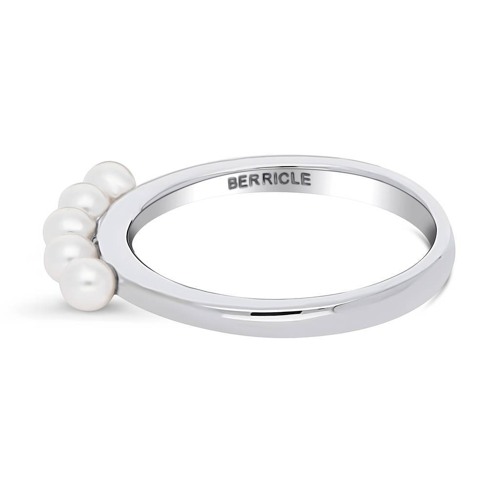 Angle view of 5-Stone Bead Imitation Pearl Stackable Band in Sterling Silver, 5 of 8