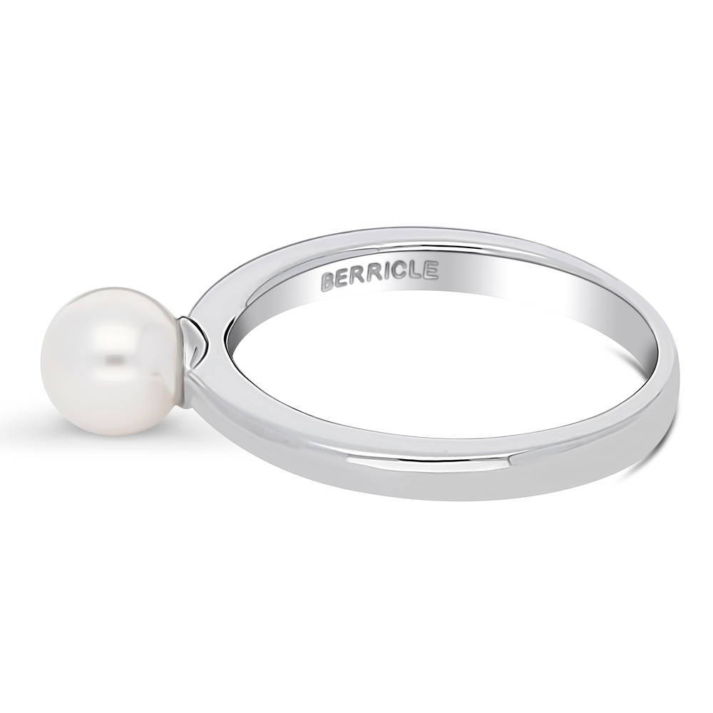 Angle view of Solitaire Imitation Pearl Ring in Sterling Silver, 5 of 7