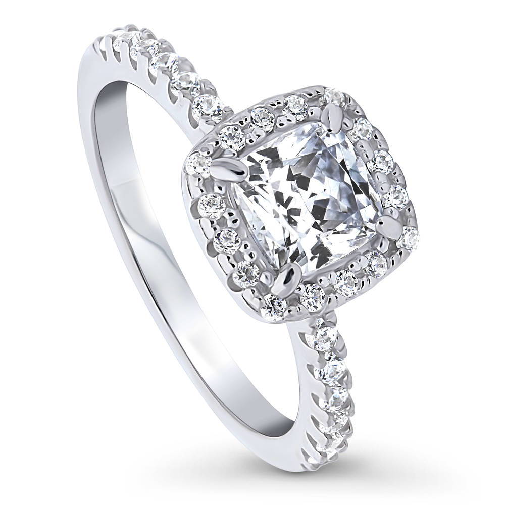Front view of Halo Cushion Cut CZ Ring in Sterling Silver, 4 of 11