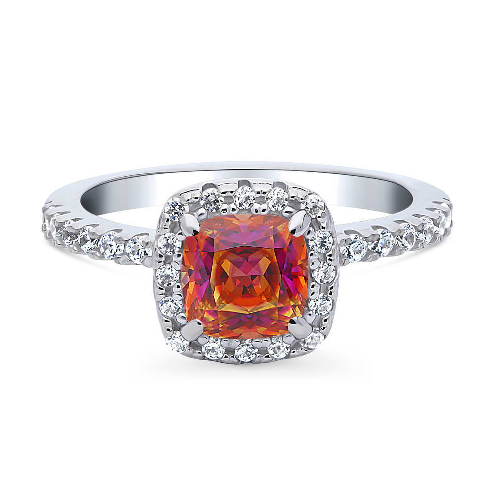 Halo Kaleidoscope Red Orange Cushion CZ Ring in Sterling Silver, 1 of 9