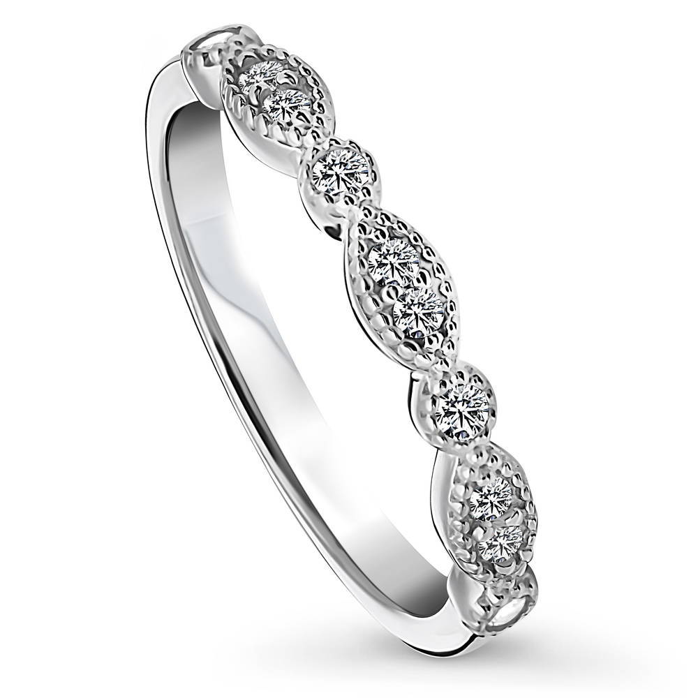 Front view of Milgrain Art Deco Crown Set CZ Eternity Ring in Sterling Silver, 4 of 12