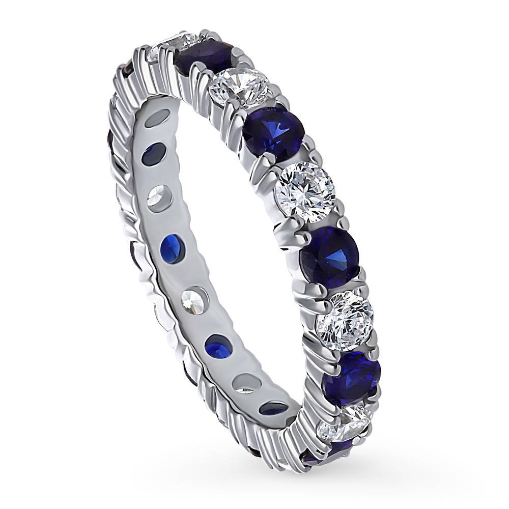 Front view of Simulated Blue Sapphire CZ Eternity Ring in Sterling Silver, 4 of 11
