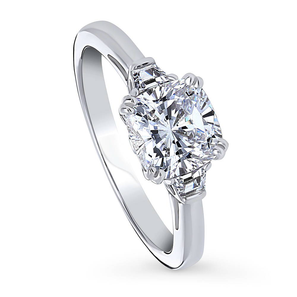 Front view of 3-Stone 2ct Cushion CZ Ring in Sterling Silver, 3 of 10
