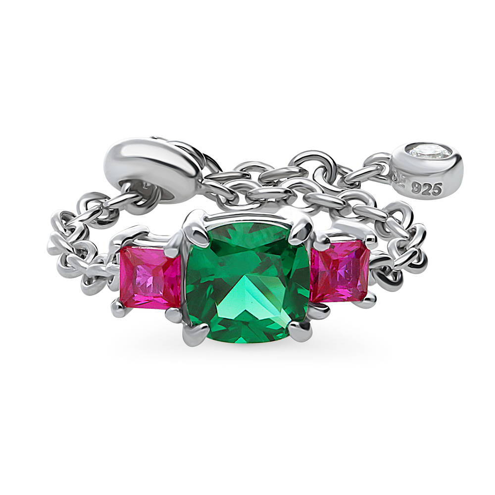 3-Stone Simulated Emerald Cushion CZ Chain Ring in Sterling Silver