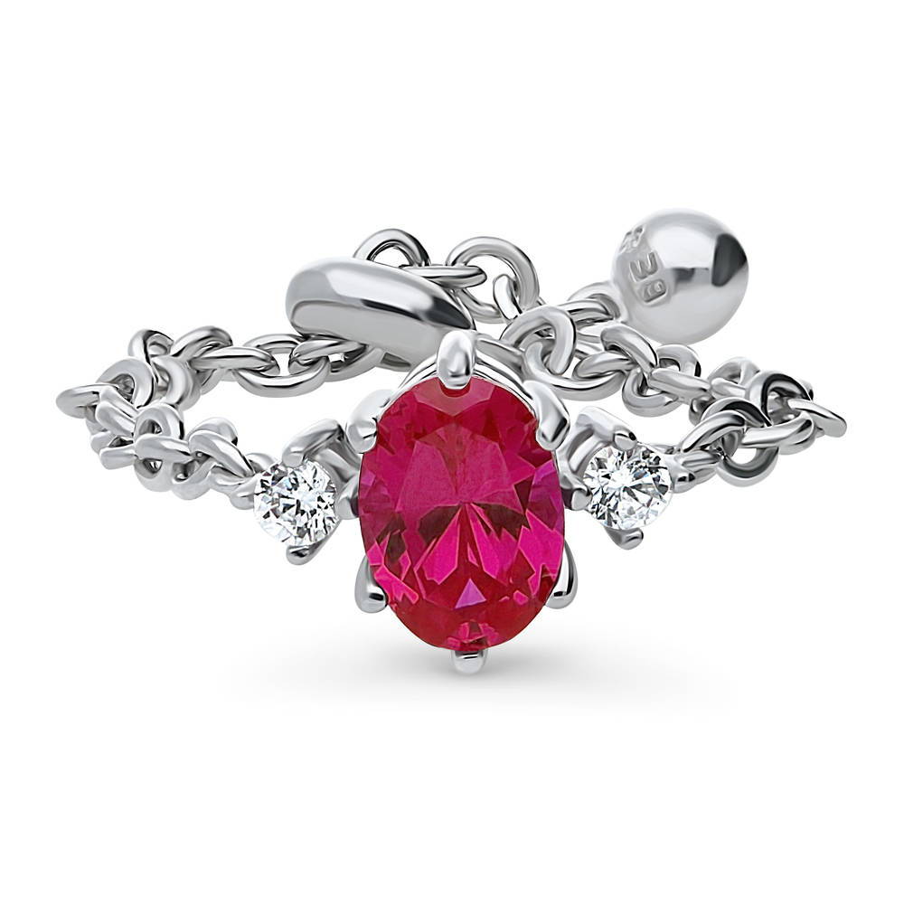 3-Stone Simulated Ruby Oval CZ Chain Ring in Sterling Silver