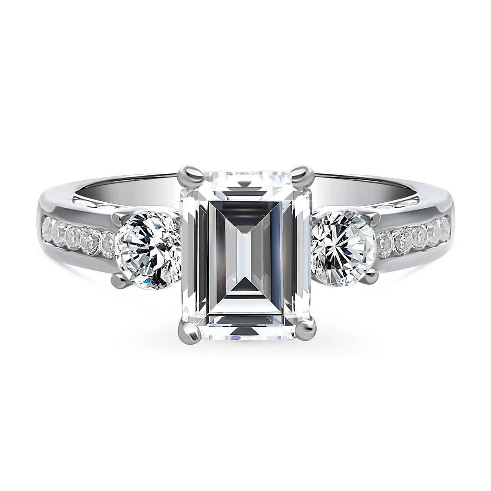 3-Stone 2.1ct Emerald Cut CZ Ring in Sterling Silver, 1 of 10