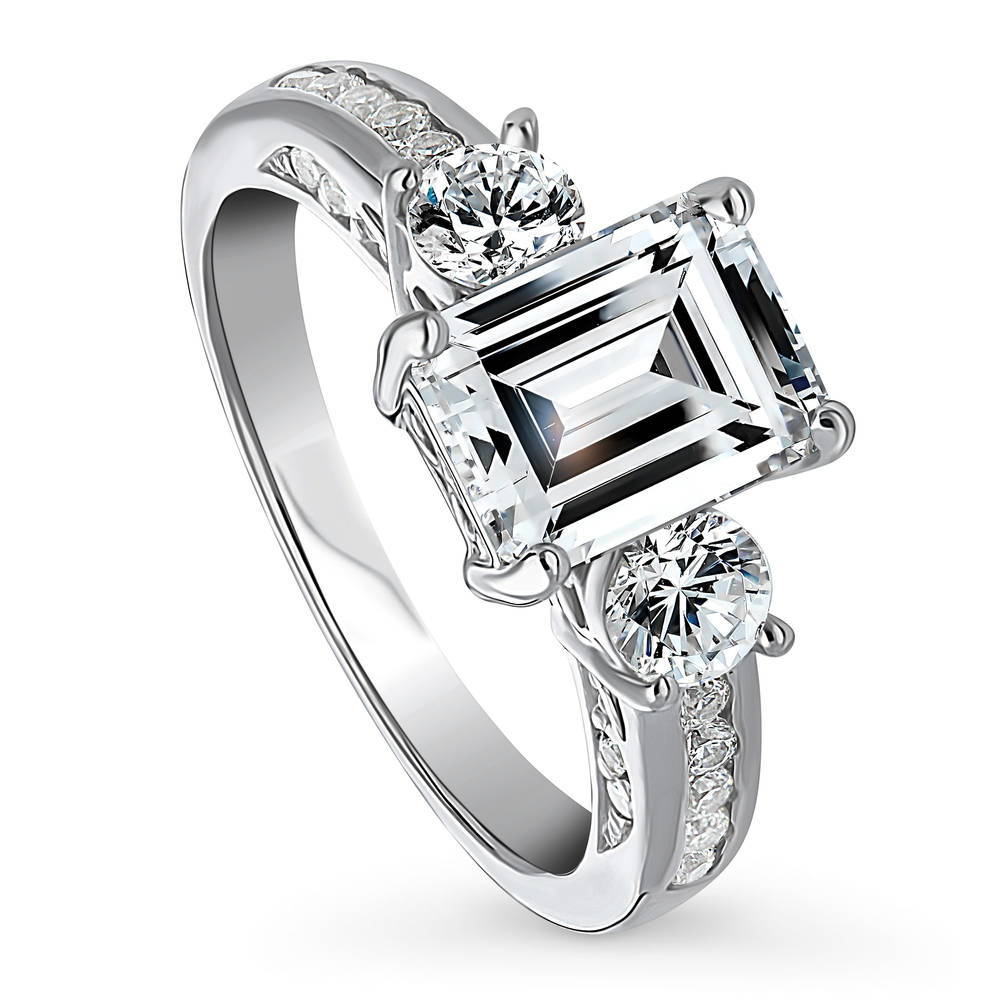 Front view of 3-Stone 2.1ct Emerald Cut CZ Ring in Sterling Silver, 4 of 10