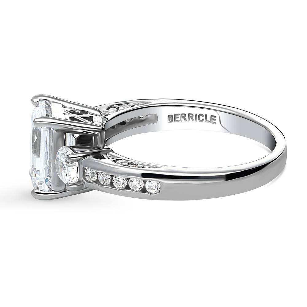 Angle view of 3-Stone 2.1ct Emerald Cut CZ Ring in Sterling Silver, 5 of 10