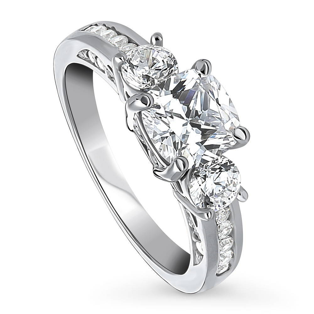 Front view of 3-Stone 1.5ct Cushion CZ Ring in Sterling Silver, 4 of 10