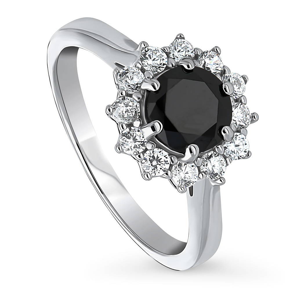 Halo Black and White Round CZ Ring in Sterling Silver